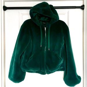 Deep Green Faux Fur Hooded Bomber Jacket with Balloon Sleeves, SMALL